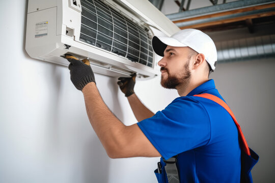 HVAC technician installing a mini split air conditioner in Simi Valley