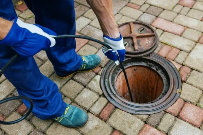 Plumber cleaning an outdoor sewer drain in Simi Valley