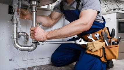 Plumber repairing pipes beneath a sink in Simi Valley